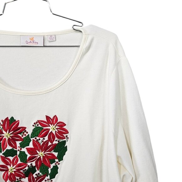 🏆Quacker Factory Embroidered Holiday Poinsettia 3/4 Sleeve Cream Top - Picture 3 of 7